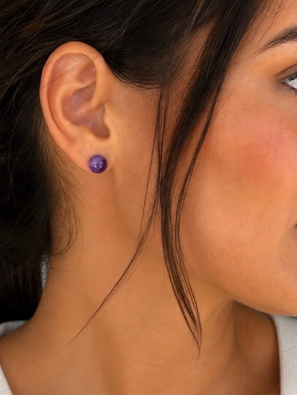 10K Gold Marked - Amethyst Round Ball Stud Earrings Purple Gemstone